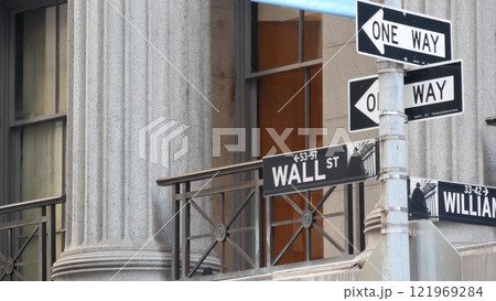 New York City Manhattan Downtown Financial District, USA. American Wall street sign, Stock Exchange. New York City Manhattan Downtown Financial District, USA. American Wall street sign, Stock Exchange. 121969284