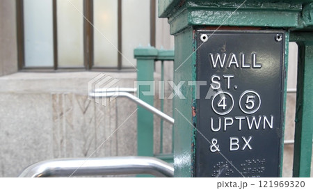 New York subway sign, Wall street underground metro station. Stock Exchange. Metropolitan entrance. New York subway sign, Wall street underground metro station. Stock Exchange. Metropolitan entrance. 121969320