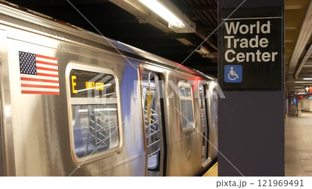 New York subway station, underground metropolitan platform sign. Metro railway passenger transport. New York subway station, underground metropolitan platform sign. Metro railway passenger transport. 121969491