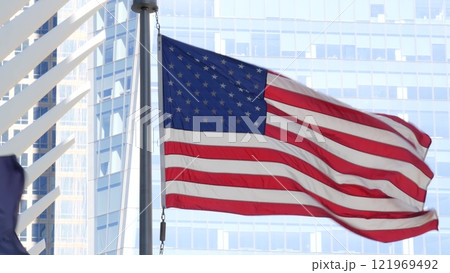 New York, american flag. World Trade Center, WTC. Manhattan downtown city street, 11 September. 121969492