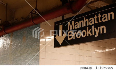 New York subway station interior, Manhattan text sign. Underground metropolitan. United States metro New York subway station interior, Manhattan text sign. Underground metropolitan. United States metro 121969509