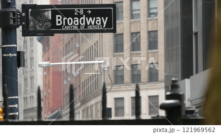 Broadway street road sign, Manhattan architecture, New York City. Traffic signage of street name. 121969562