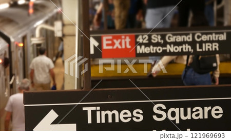 New York subway station interior, underground metropolitan platform. United States metro transport. 121969693