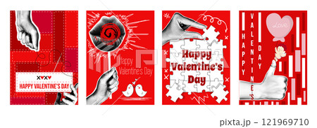 Valentine day cover typography template in vintage collage design for social media. Greeting cards with hands holding lips lollipop or cupid with balloon, collecting love puzzle. Vector illustration. 121969710