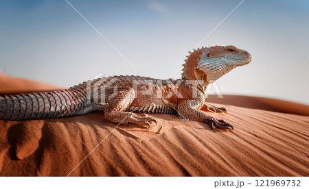 A lizard is laying on the sand, looking at the camera A lizard is laying on the sand, looking at the camera 121969732