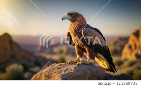 A large brown eagle is perched on a rock in a desert 121969735