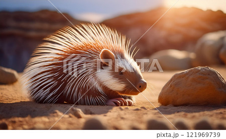 A small brown and white animal with a long tail is laying on the ground A small brown and white animal with a long tail is laying on the ground 121969739