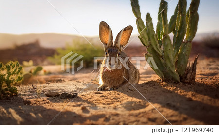 A rabbit is sitting in the desert next to a cactus 121969740