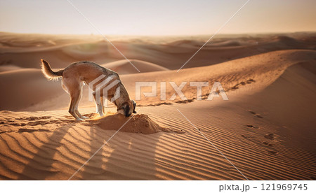 A dog is digging in the sand A dog is digging in the sand 121969745