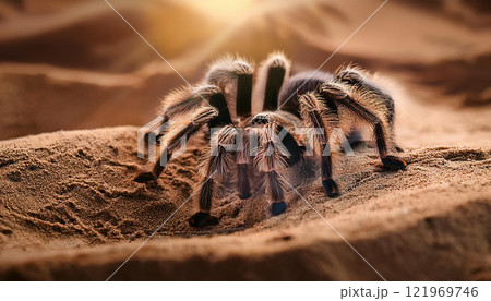 A large brown and black tarantula is on the sand A large brown and black tarantula is on the sand 121969746