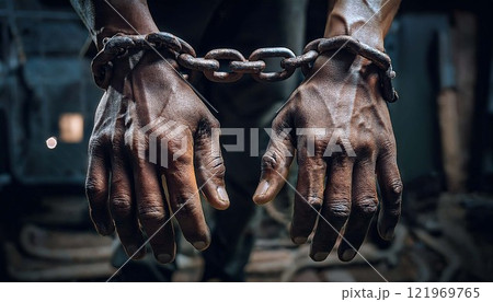 A man is chained to a wall with his hands behind his back 121969765