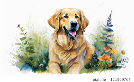 A golden retriever is sitting in a field of flowers 121969767