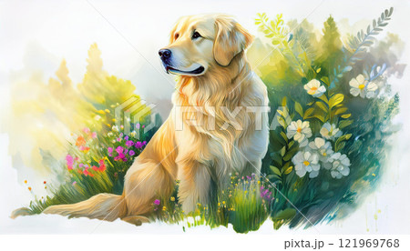 A golden retriever is sitting in a field of flowers 121969768