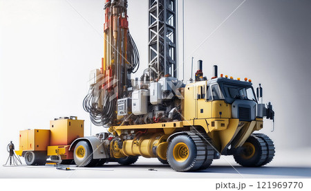 A yellow and orange construction vehicle is parked next to a trailer A yellow and orange construction vehicle is parked next to a trailer 121969770