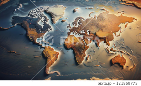A 3D model of the world with a blue ocean and a brown land mass A 3D model of the world with a blue ocean and a brown land mass 121969775