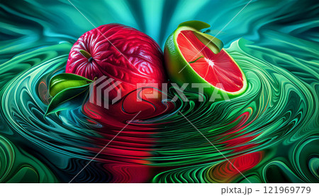A red apple and lime are floating in a pool of water 121969779