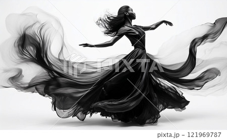 A woman in a black dress is dancing in the air 121969787