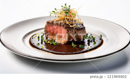 A plate of meat with a sauce and garnish 121969802