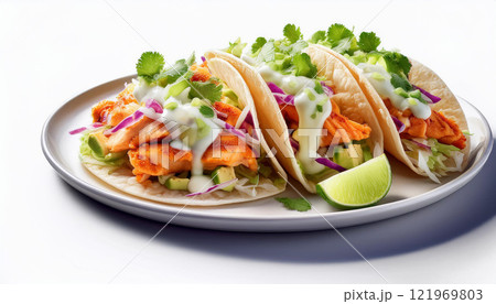 Three tacos with lime and cilantro on a white plate 121969803