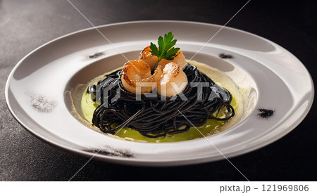 A plate of food with a green sauce and black noodles 121969806