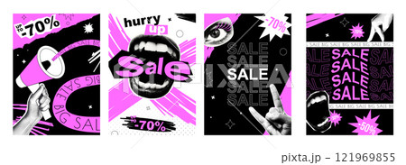 Sale cover typography template in vintage collage design for social media. Trendy greeting cards with hands holding loudspeaker with discounts, mouth shouting special clearance. Vector illustration. 121969855