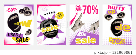 Sale cover typography template in vintage collage design for social media. Trendy greeting cards with mouth shouting crazy sale and bargain prices, hurry up to making purchases. Vector illustration. 121969861