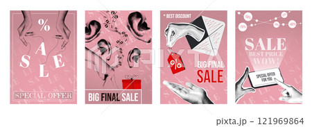Sale cover typography template in vintage collage design for social media. Trendy greeting cards with hands pointing special offers, email letters with discount coupons and gifts. Vector illustration. Sale cover typography template in vintage collage design for social media. Trendy greeting cards with hands pointing special offers, email letters with discount coupons and gifts. Vector illustration. 121969864