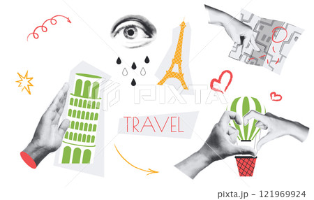 Travel vintage collage conception set in retro halftone design. Collection with hands leaning Pisa tower, eye looks at Eiffel tower, hand pointing at route map or hot air balloon. Vector illustration. Travel vintage collage conception set in retro halftone design. Collection with hands leaning Pisa tower, eye looks at Eiffel tower, hand pointing at route map or hot air balloon. Vector illustration. 121969924