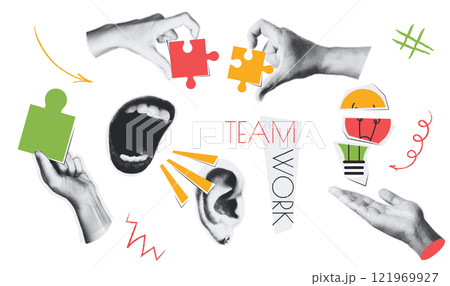 Teamwork vintage collage conception set in retro halftone design. Collection with hands holding puzzle pieces, generating light bulb idea, open mouth shouting to colleague ear. Vector illustration. Teamwork vintage collage conception set in retro halftone design. Collection with hands holding puzzle pieces, generating light bulb idea, open mouth shouting to colleague ear. Vector illustration. 121969927