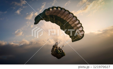 A parachute is flying in the sky with a man in the middle of it 121970027