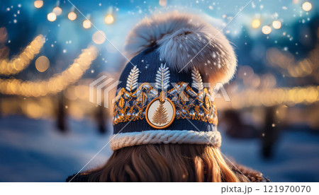 A woman wearing a blue hat with a tree on it 121970070