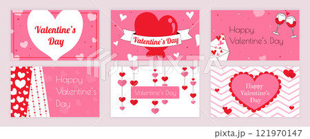 Valentines Day cover typography templates set for social media. Greeting cards design with happy romantic holiday, heart balloon and patterns, ribbons, love letters, garlands. Vector illustration. 121970147