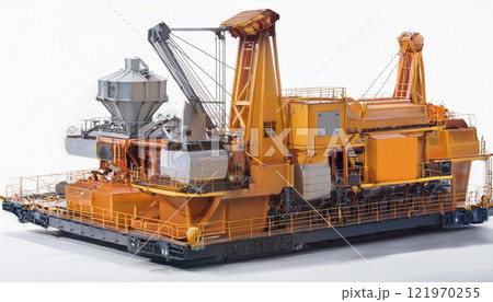 A large yellow and orange crane is on a white background A large yellow and orange crane is on a white background 121970255