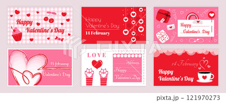Valentines Day cover typography templates set for social media. Greeting cards design with cherry and cupcake, heart garlands, love letter, holiday gifts, cat paws, cup coffee. Vector illustration. 121970273