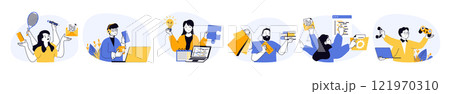 Multitasking work concept set in flat web design. Collection with people doing different tasks in same time, calling, earning, playing and doing projects. Vector illustrations on white background. Multitasking work concept set in flat web design. Collection with people doing different tasks in same time, calling, earning, playing and doing projects. Vector illustrations on white background. 121970310