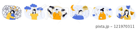 Mental health problem concept set in flat web design. Collection with people feeling negative emotions and stress with nervous trouble, suffering depression. Vector illustrations on white background. Mental health problem concept set in flat web design. Collection with people feeling negative emotions and stress with nervous trouble, suffering depression. Vector illustrations on white background. 121970311