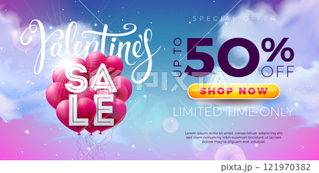 Valentine's Day Sale Banner Design with Red Heart Balloon and Typography Lettering on Cloudy Sky Background. Holiday Vector Business Illustration with Special Offer Elements for Coupon, Voucher, Flyer 121970382