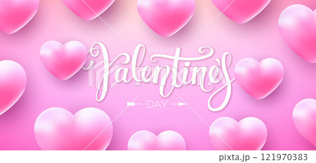 Happy Valentine's Day Banner Design with Heart and Typography Letter on Light Pink Background. Vector Wedding and Romantic Love Valentine Theme Illustration for Flyer, Greeting Card, Holiday Poster or Happy Valentine's Day Banner Design with Heart and Typography Letter on Light Pink Background. Vector Wedding and Romantic Love Valentine Theme Illustration for Flyer, Greeting Card, Holiday Poster or 121970383