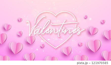 Happy Valentine's Day Banner Design with Heart and Typography Letter on Light Pink Background. Vector Wedding and Romantic Love Valentine Theme Illustration for Flyer, Greeting Card, Holiday Poster or 121970385
