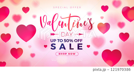 Valentine's Day Sale Banner Design with Red Heart and Typography Lettering on Pink Background. Holiday Vector Business Illustration with Special Offer Elements for Coupon, Voucher, Flyer, Promotional Valentine's Day Sale Banner Design with Red Heart and Typography Lettering on Pink Background. Holiday Vector Business Illustration with Special Offer Elements for Coupon, Voucher, Flyer, Promotional 121970386