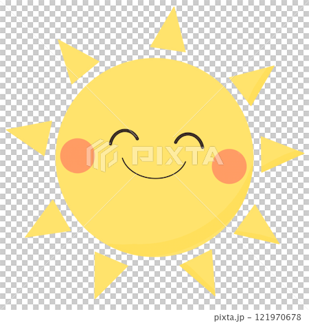 A cute illustration of a smiling sun in yellow 121970678