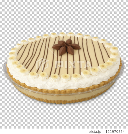 Banoffee Pie - A British dessert made with a biscuit crust, layers of caramel, banana, and whipped cream, topped 121970834