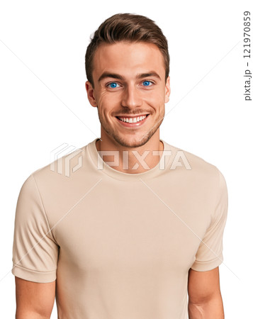 A Caucasian young adult man with brown shoulder-length hair, blue eyes, wearing sporty, showing playfulness with a cheeky grin, with 121970859