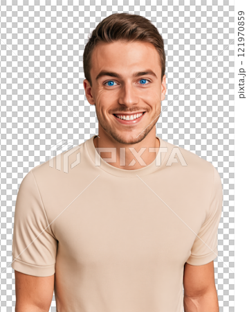 A Caucasian young adult man with brown shoulder-length hair, blue eyes, wearing sporty, showing playfulness with a cheeky grin, with 121970859