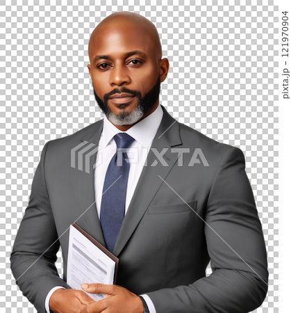 Lawyer, male, African American, 47 years old, with short gray hair and a close-cropped beard, wearing a tailored dark gray 121970904