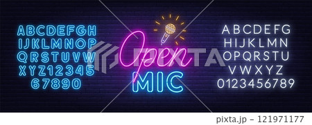 Open Mic Neon Sign on brick wall background. Light logo for a standup show Open Mic Neon Sign on brick wall background. Light logo for a standup show 121971177
