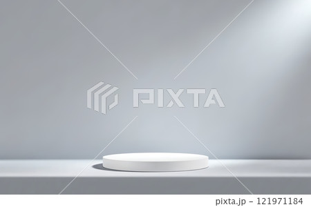 3d white podium in gray empty room with table. Background studio scene with platform for product presentation 121971184
