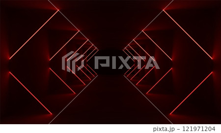 Red Neon Futuristic Black Tunnel. Abstract light tech background. 121971204
