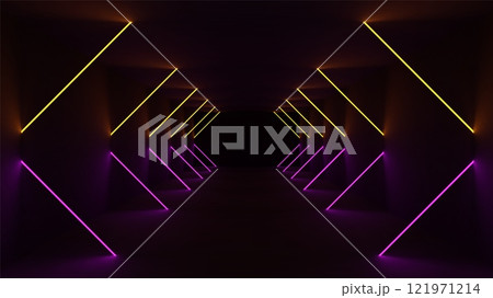 Yellow Pink Neon Futuristic Black Tunnel. Abstract light tech background. 121971214