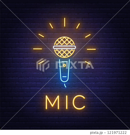 Mic Neon Sign on brick wall background. 121971222